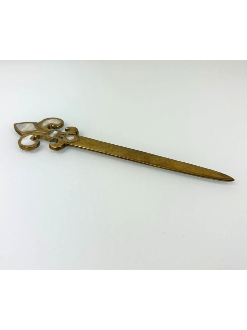 Vintage Brass Fleur-de-lis Mother of Pearl Letter Opener Office Desk French MCM